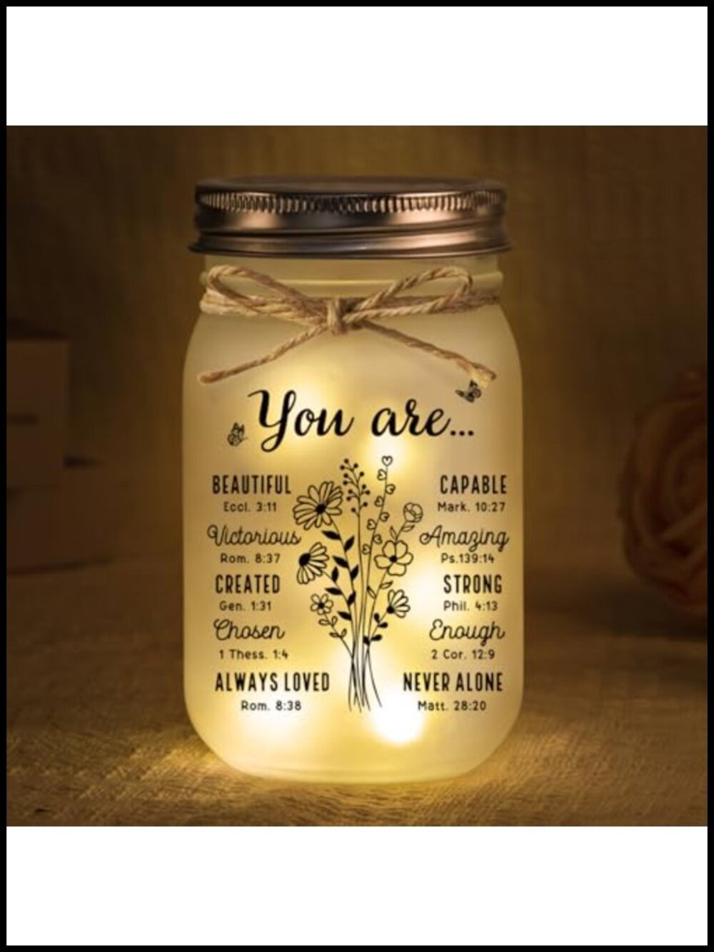 Frosted Mason Jar Night Light with LED String & Scripture Decorative